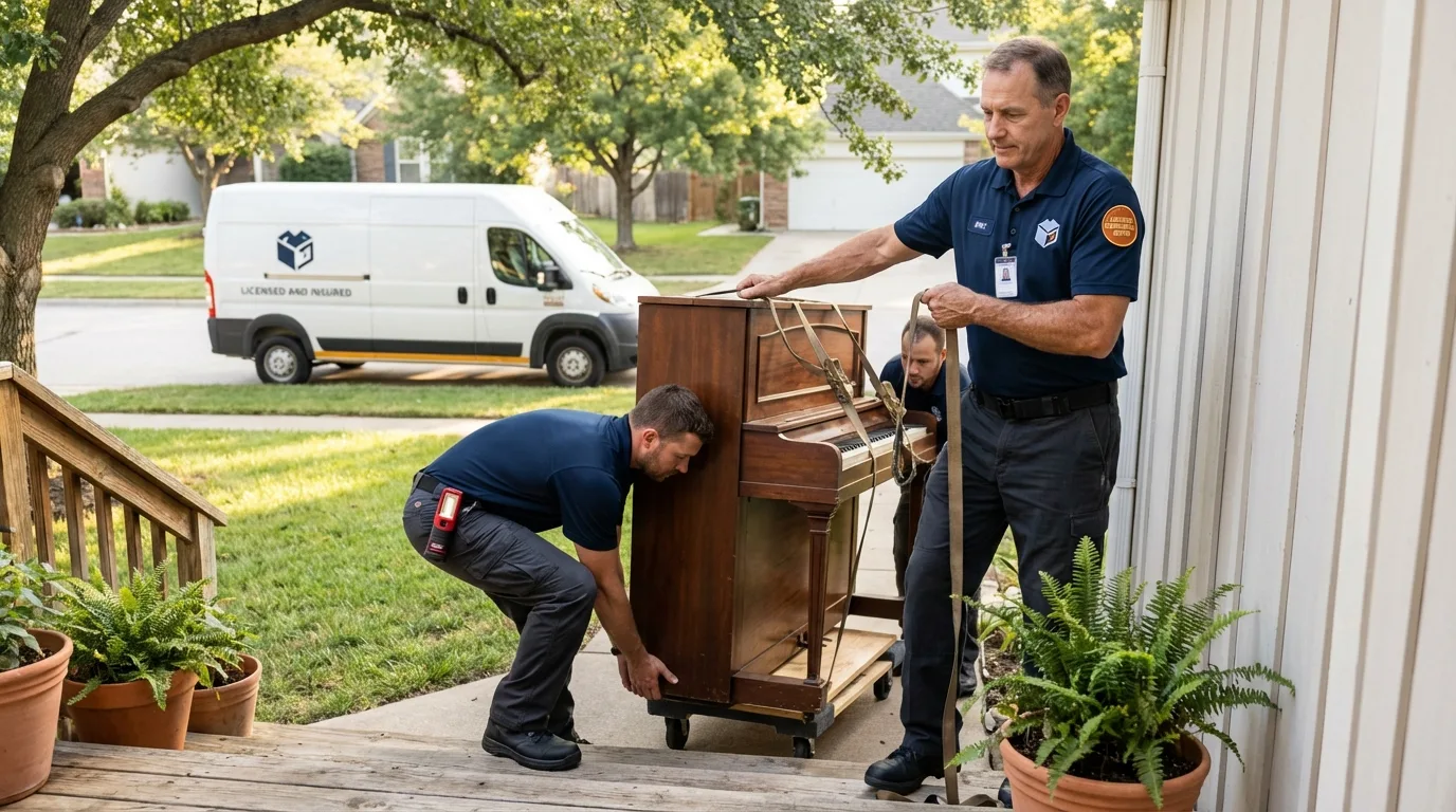 Licensed piano movers securing grand piano in Boylston, MA