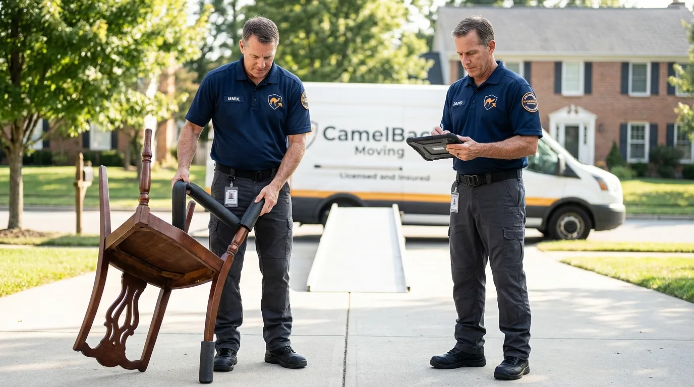 Movers inspecting furniture for damage prevention before loading in Boylston, MA