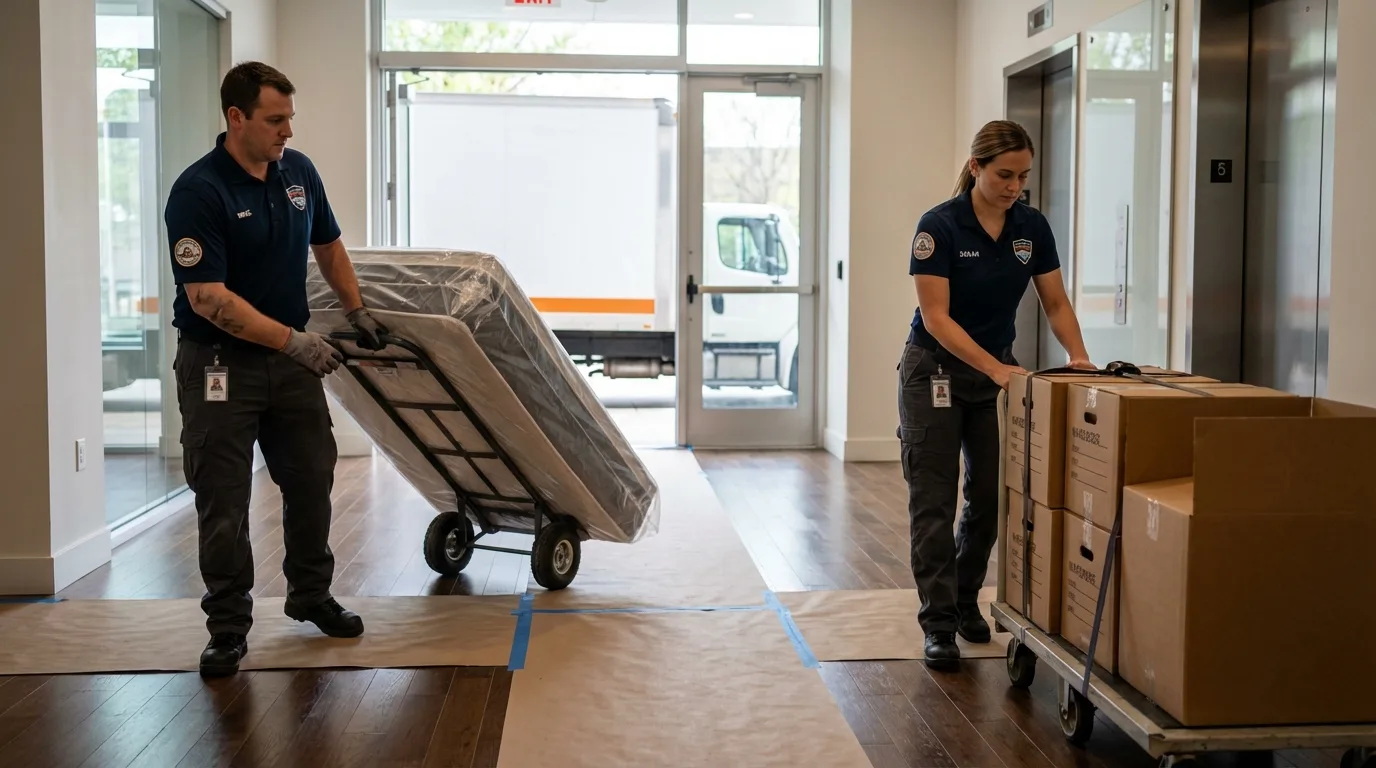 Professional apartment movers loading elevator in Boylston, MA
