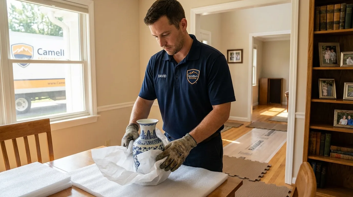 Professional crew carefully wrapping antique vase for senior downsizing move in Boylston, MA